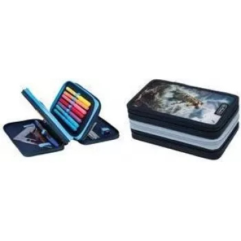 Herlitz TriCase Thunder Rex Pencil Case, 31 Pieces, Polyester, 3 Compartments, 3 Zips 400205916