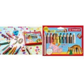 STABILO woody 3 in 1 Multi-Talent Pencil, 10-Pen Tin, 30 Years Anniversary Edition, Round, Various Colours EO880/10-3