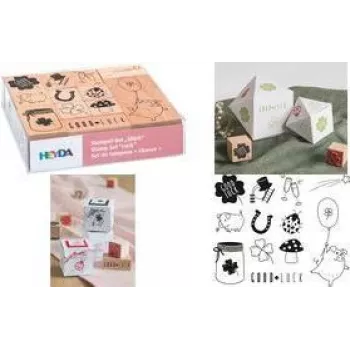 HEYDA Motif Stamp Set Luck, Clear Box, Wooden Stamps, Various Sizes and Designs, 1 Set (204888666)