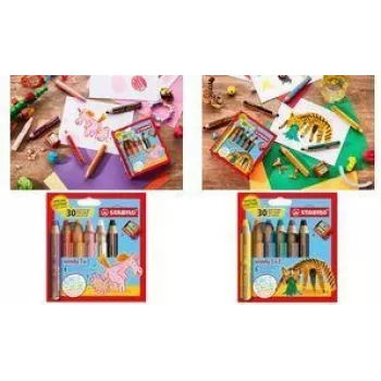 STABILO woody 3 in 1 Multi-Talent Pencil, 6-Piece Tiger Round Case Set, Coloured Pencil, Watercolour and Wax Crayon in One EO8806-4-2