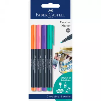 Faber-Castell Creative Marker Set with 4 Pieces, Water-Based Ink, Odourless, Smudge-Proof, Various Colours 160704