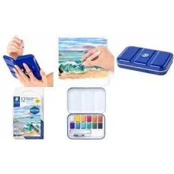 STAEDTLER 888M M12-C Metallic Watercolour Paint Set, 12 Colours in Metal Case with Mixing Palette and Finger Ring