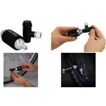 FISCHER bicycle hand pump with CO2 inflator, universal valve head for Schrader, Dunlop, Presta, 8 bar, black/silver 50392