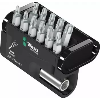 Wera Bit-Check BC 12 Wood 2 Screwdriver Bit Set, 12-Piece, 1/4 inch Hex Drive, 25 mm Bits, BiTorsion, PH/PZ/TX 05057422001