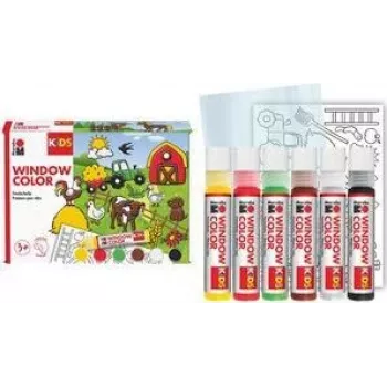 Marabu KiDS Window Color Set Farm, 6 x 25 ml Peel-Off Window Paint, Water-Based, Removable, 1 Set (0306000000006)