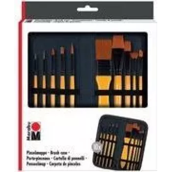 Marabu Brush Case with 10 Acrylic Brushes, Zip Case, Universal Assortment, Synthetic Bristles, Wooden Handles 1628000000002