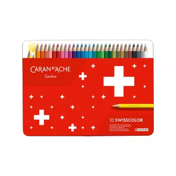 CARAN D'ACHE Swisscolor Waterproof Coloured Pencils, 30 Different Colours, Cedar Wood, Hexagonal, Metal Tin 1284.730