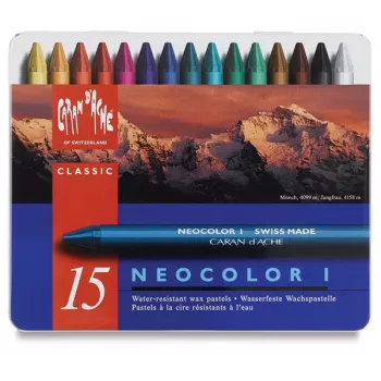 Caran d'Ache Neocolor I Wax Crayons, 15 Different Colours, Round, Paper Wrap, Metal Tin 7000.315