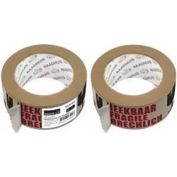 RAADHUIS ECO Caution Warning Tape “Fragile”, 50 mm x 50 m, Paper, Natural Rubber Adhesive, Hand Tearable, Red on White, 1 Roll (RD-351303)