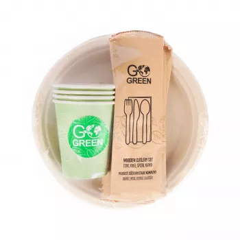 GOGREEN Compostable Picnic Tableware Set for 4 People, 24 Pieces, Plant-Based, Natural White