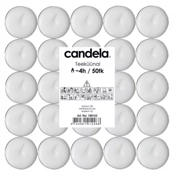 CANDELA Tealights 50 pcs, White, Fragrance-Free, 4 hrs Burn Time, Aluminium Cups