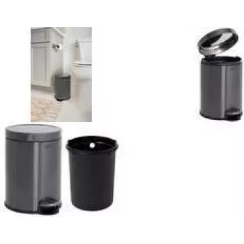 Rubbermaid Round Pedal Bin, 6 Litre, Dark Grey Stainless Steel with Removable Plastic Inner Bucket 2179250