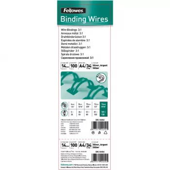 Fellowes 14 mm 34-Ring Silver Twin Loop Wire Binding Combs for A4, 130 Sheets, 100 Pack (54454)