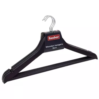 SAUBER Wooden Clothes Hangers, Pack of 3, Dark Finish, 360° Swivel Hook, Trouser Bar