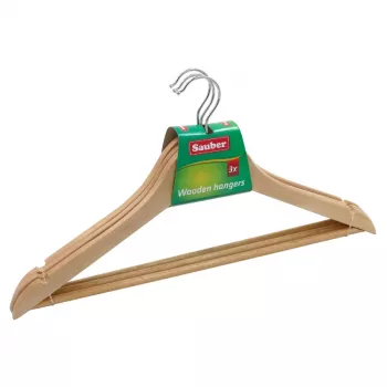 SAUBER 24850002 Wooden Hangers 3-Pack, Natural, Chrome Swivel Hook, 45 cm