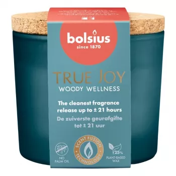 BOLSIUS True Joy Scented Candle in Glass with Cork Lid - Woody Wellness, Ø66x83 mm