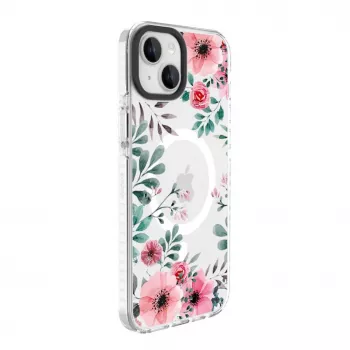 Evelatus iPhone 15 Plus Transparent MagSafe Case with Floral Pattern