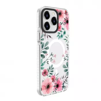 Evelatus Apple iPhone 15 Pro Max PC+TPU Case with MagSafe - Transparent Floral Pattern