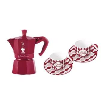Bialetti Candyland Moka Express 3TZ Manual Coffee Machine Set, 150 ml, Red + 2 Cups