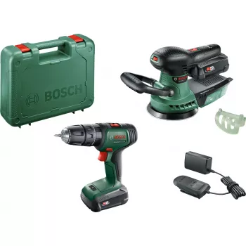 Bosch DIY Set UniversalImpact 18V + AdvancedOrbit 18V, 2x 2.0Ah Li-Ion Battery, Cordless Impact Drill Driver + Cordless Random Orbital Sander, Green (06039D410A)
