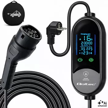 Qoltec Mobile EV Charger 2-in-1, Type 2, 3.5 kW, 230 V, Schuko 16 A, LED, 5 m (53182)