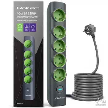 Qoltec Power Strip with Illuminated Switch, 5 Schuko Sockets, 1.8 m