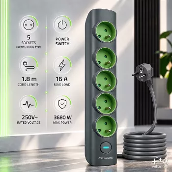 Qoltec Power Strip with Illuminated Switch, 5 Schuko Sockets, 1.8 m
