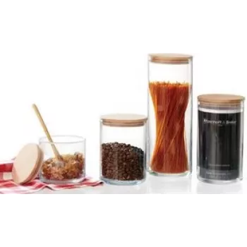Ritzenhoff & Breker FAIA Storage Jar, Round, 0.6 l, Glass, Cylindrical, Beech Wood Lid with Silicone, 3 Pieces