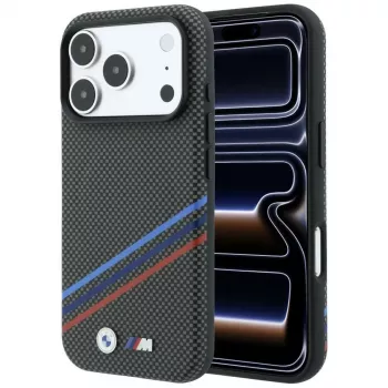 BMW M Quadrille Kevlar Print Tricolor Lines & Metal Logo MagSafe Case for iPhone 18 Pro Max / 17 Pro Max, Anthracite