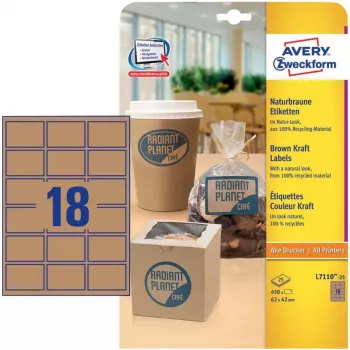 Avery Zweckform L7110-25 Labels, Permanent Adhesive, Natural Brown, 62 x 42 mm, 450 pcs (25 Sheets x 18)