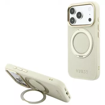 Guess GUE005667 Ring Stand 360 Grained Classic Logo MagSafe Case for iPhone 18 Pro / 17 Pro, Beige