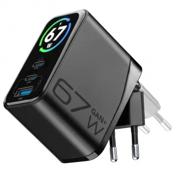 Cellularline TFT Multiport Charger 67 W Fast Charger, GaN, 2 x USB-C, 1 x USB-A