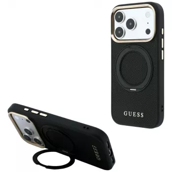 Guess GUE005670 Case for iPhone 18 Pro Max / 17 Pro Max, Ring Stand 360 Grained Classic Logo, MagSafe, Black