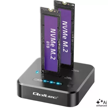 Qoltec 52633 M.2 NVMe SSD Docking Station, PCIe, 2 x 8TB, USB-C 3.2, 10 Gb/s, Offline Cloning