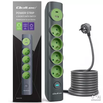 Qoltec 52762 Power Strip with Illuminated Switch, 4 earthed sockets, 1 x USB-C 15 W, 1 x USB 12 W, 1.8 m