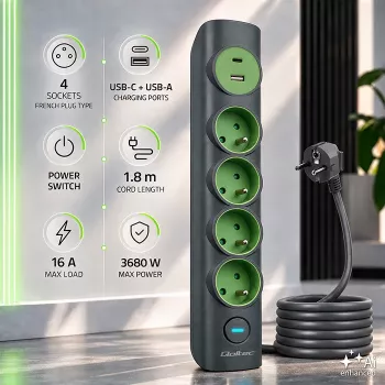 Qoltec 52762 Power Strip with Illuminated Switch, 4 earthed sockets, 1 x USB-C 15 W, 1 x USB 12 W, 1.8 m