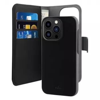 Puro Wallet Detachable MagSafe 2-in-1 PU Leather Case with Flap and Wallet for iPhone 14 Pro Max, Black