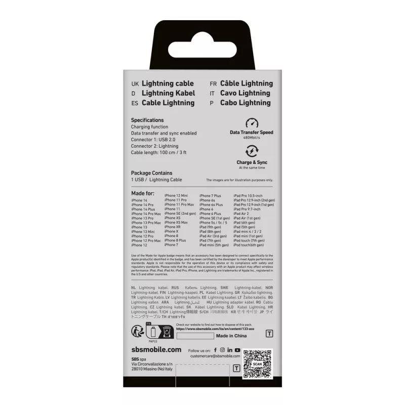 SBS TECABLEUSBIP589A USB-A to Lightning Cable, 1 m, Blue