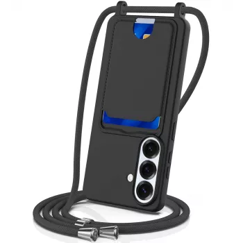 Hurtel Samsung Galaxy S26 TPU case with card holder and crossbody lanyard, black