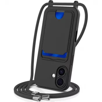 iPhone 17 TPU Case with Card Holder and Crossbody Lanyard, black