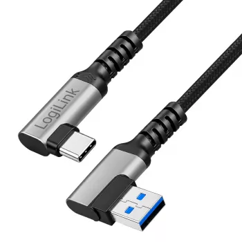 LogiLink CU0470 USB 3.2 Gen1 Type-C Cable, A/M 90° to C/M 90°, 5 Gbps, 60 W, Metal, Silver/Black, 0.5 m