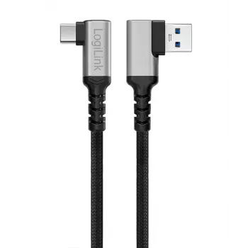 LogiLink CU0471 USB 3.2 Gen1 Type-C Cable, A/M 90° to C/M 90°, 5 Gbps, 60 W, Metal, Silver/Black, 1 m
