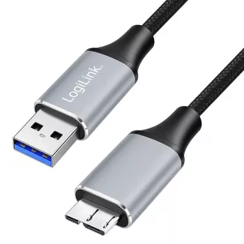 LogiLink CU0290 USB 3.0 Cable, A/M to Micro-USB/M, 5 Gbps, Nylon, Metal, Black/Silver, 1 m