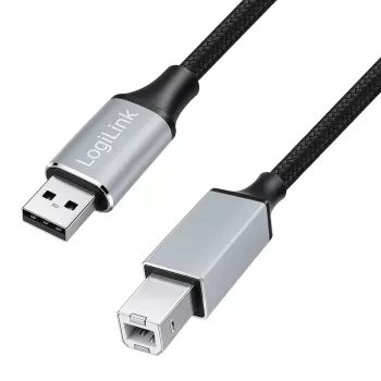 LogiLink CU0108 USB 2.0 Cable, USB-A/M to USB-B/M, 480 Mbps, Nylon, Metal, Black/Silver, 3 m