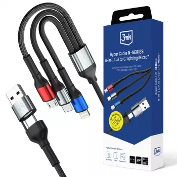 3MK Hyper Cable N-SERIES 6-in-1 USB-C / USB-A to USB-C / MicroUSB / Lightning Cable, QC 3.0, 18 W (9 V / 2 A), 1.2 m, Black